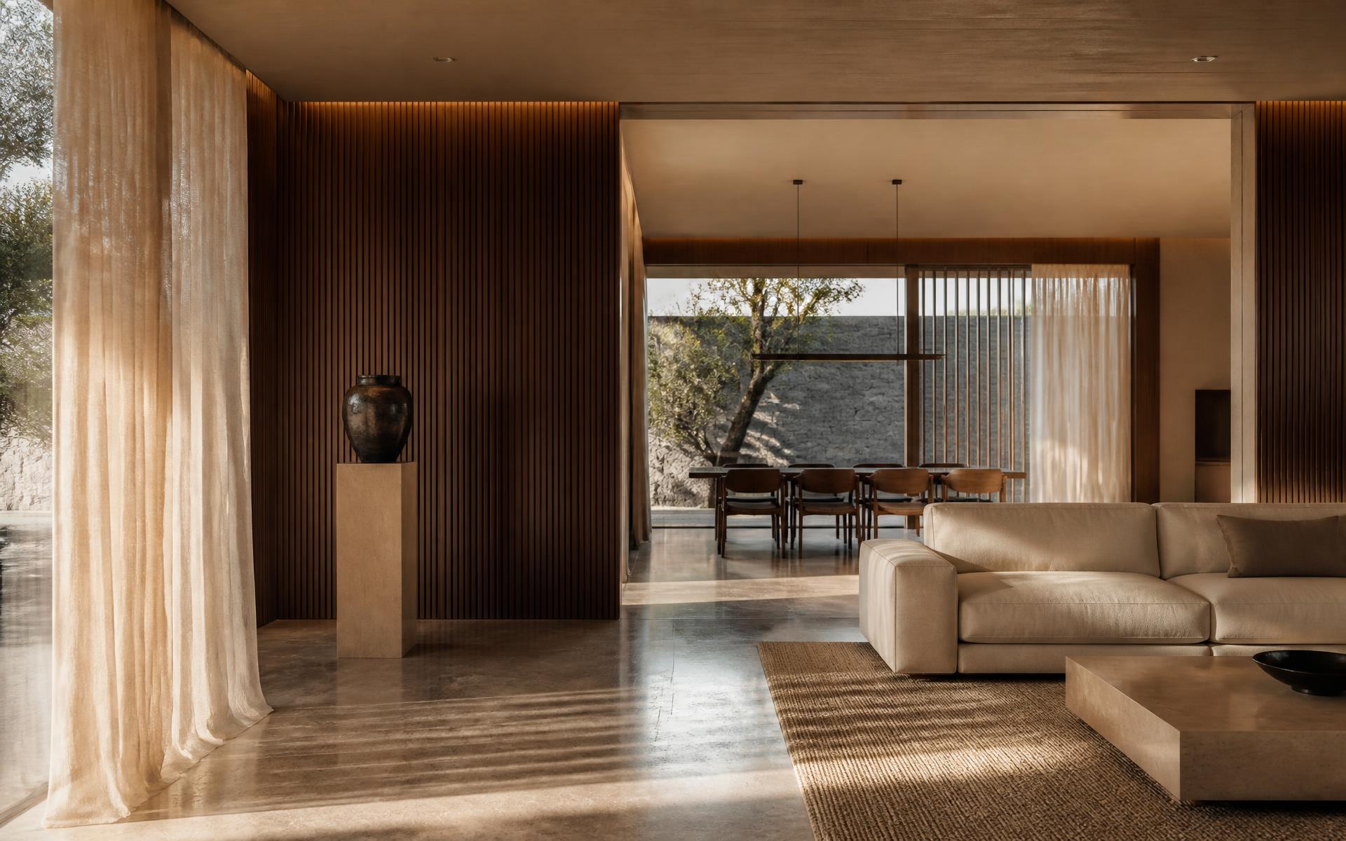 Warm minimal living space designed by Nestline Architects